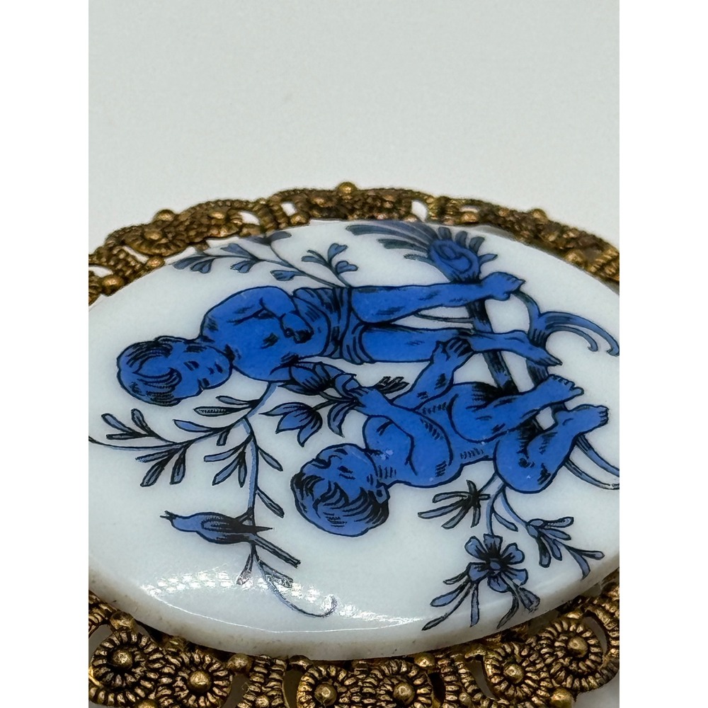 Vintage West Germany Brooch Blue and White Ceramic Cherub Pin - Picture 11 of 15